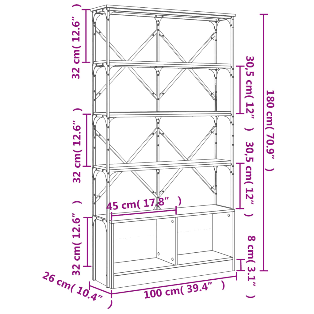 Bokhylla  ek 100x26x180 cm konstruerat trä och metall